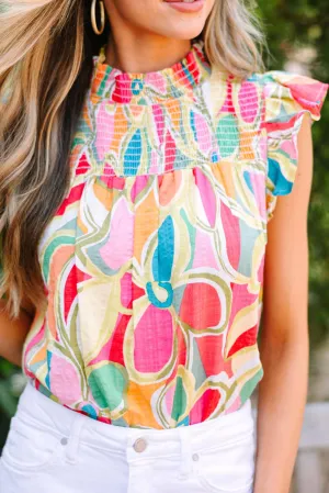 Yellow Abstract Print Ruffled Flutter Sleeve Ruched Blouse