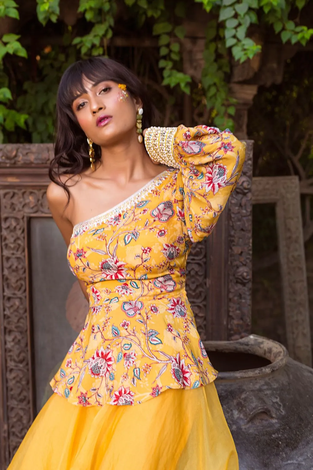 Yellow Printed Peplum Top With Organza Flared Palazzo