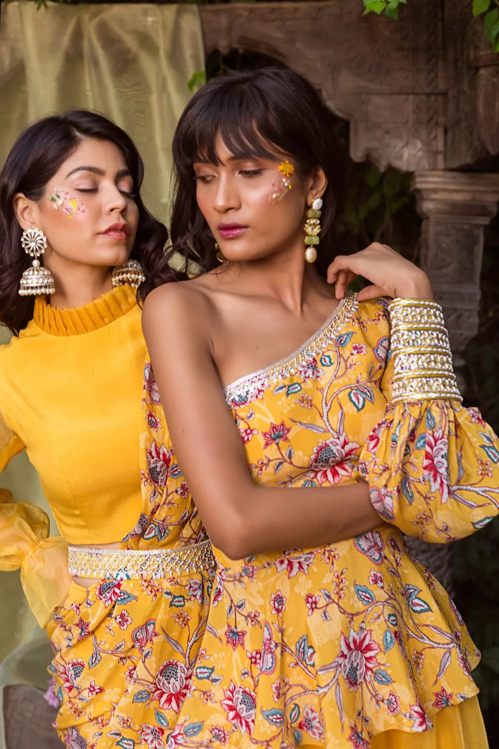 Yellow Printed Peplum Top With Organza Flared Palazzo