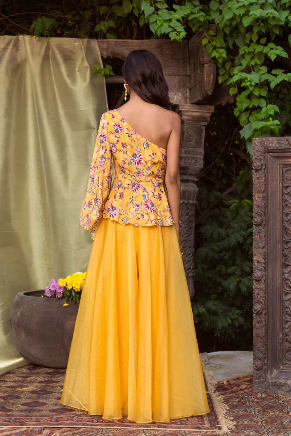Yellow Printed Peplum Top With Organza Flared Palazzo