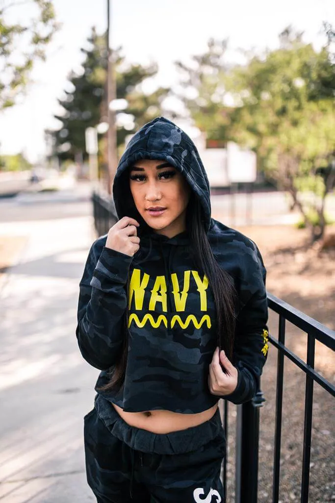 Yellow WAVY | Black Camo Crop Top Hoodie