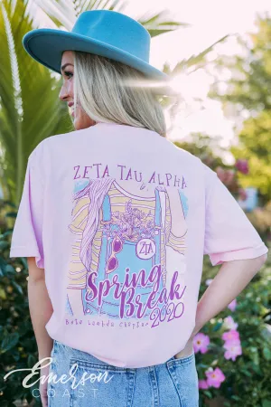 Zeta Tau Alpha Spring Break Overalls Pink Tee